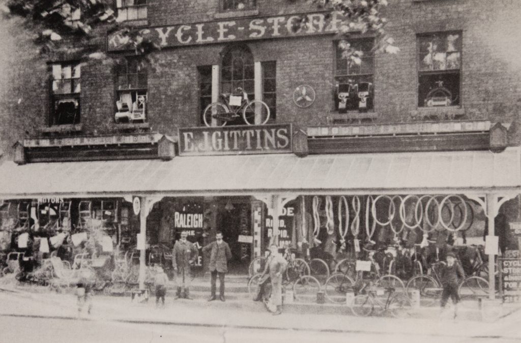 A cycle store
displaying a winged wheel
